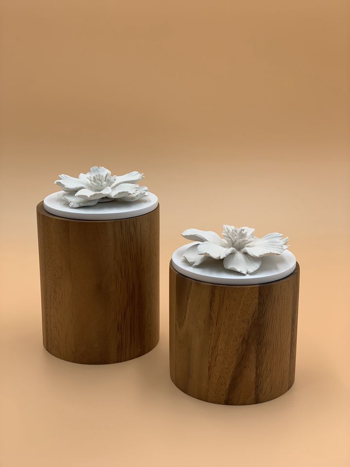 Ceramic COsmo with Acacia Container Small and Large D10cm by 12cm and 15cm