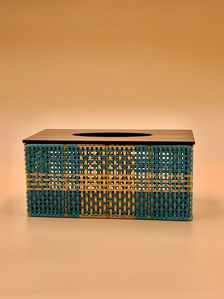 Leather Weaving Tissue Box Blue and Gold L25xW13xH12cm